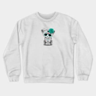 Blue Day of the Dead Sugar Skull Snow Leopard Cub Crewneck Sweatshirt